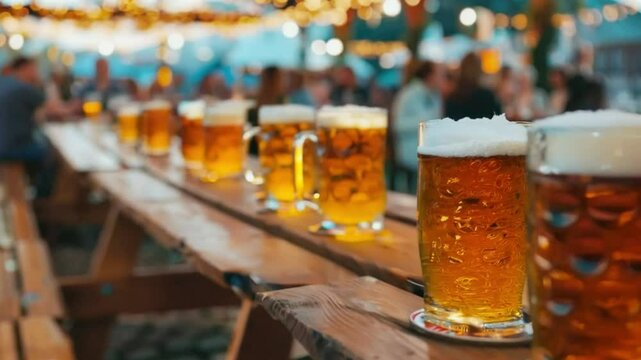 Row of frothy beer mugs on a wooden table at an outdoor festival