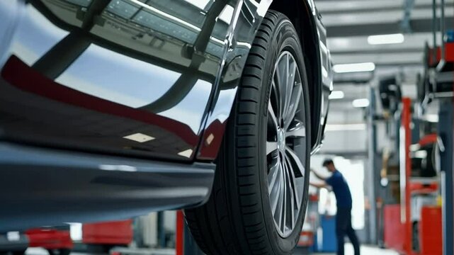 Car lifted on a hydraulic lift in an auto repair shop, focus on the tire, with a blurred background.