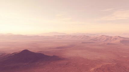 Naklejka premium A distant view of Mars rust-colored surface, with vast desert plains and rocky outcrops under a pale pinkish atmosphere