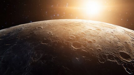 Naklejka premium A distant view of Mercury, with the Sun looming large, casting harsh light and deep shadows across its rocky surface