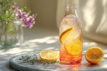 A bottle of lemonade with a few slices of lemon in it