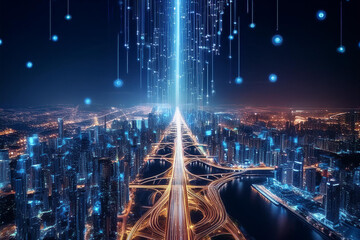 A breathtaking view of a city at night, showcasing futuristic technology with digital lights illuminating the skyline and roads below.