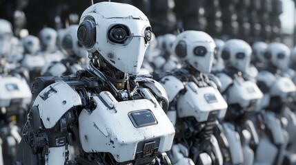 Fototapeta premium Advanced White Robots in Formation with Futuristic Armor scifi movie background