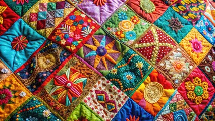 Fototapeta premium Colorful patchwork quilt background with intricate designs, perfect for textile or home decor themes