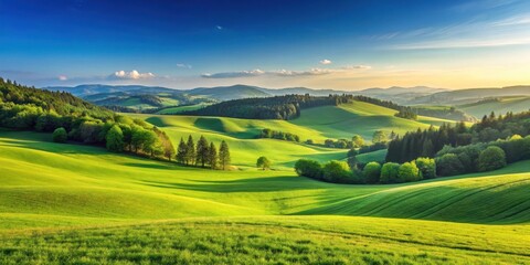 Fototapeta premium Serene Landscape of Rolling Green Meadow, Hills and Forest under Clear Blue Sky