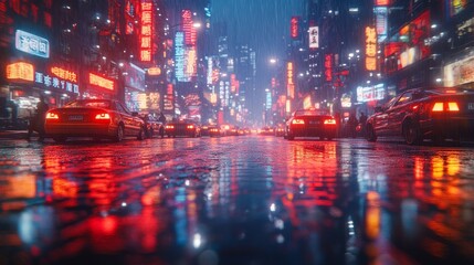 Fototapeta premium Times Square at Night in Rain with Neon Lights and cars in traffic