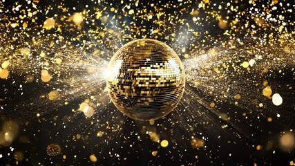 Golden disco ball sparkling with bright lights, confetti, and golden particles against a dark background