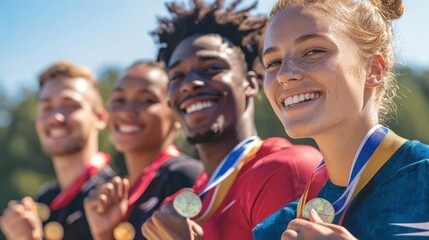 A winning team of athletes holding their medals and standing on the podium, beaming with pride.