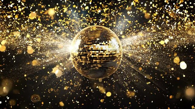 Golden disco ball sparkling with bright lights, confetti, and golden particles against a dark background