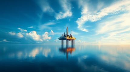 Obraz premium A distant offshore oil rig stands in the middle of a calm ocean, under a vast and vibrant blue sky with scattered clouds. The reflection of the platform. Scale of industrial technology 