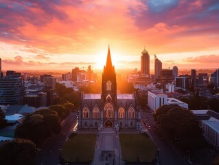 Obraz premium Sunset over the rebuilt Christchurch Cathedral, symbolizing hope and renewal in the city s vibrant skyline