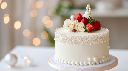 Elegant birthday cake with lace and pearl decorations