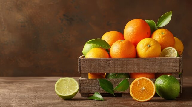 Assorted citrus fruits in a wooden crate, rustic background