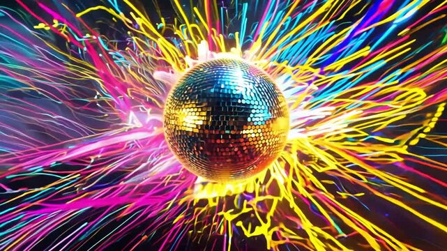 A glowing disco ball with vibrant swirling neon lights in a colorful explosion of energy