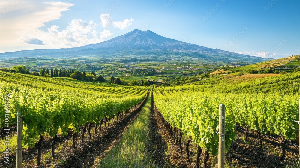 Poster a vineyard with a mountain in the background