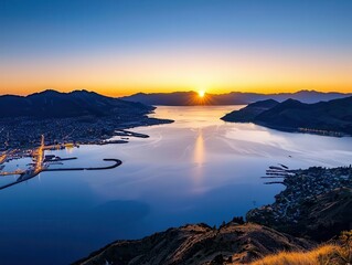 Sunset view from the Christchurch Port Hills, with the city lights beginning to twinkle and Lyttelton Harbour below