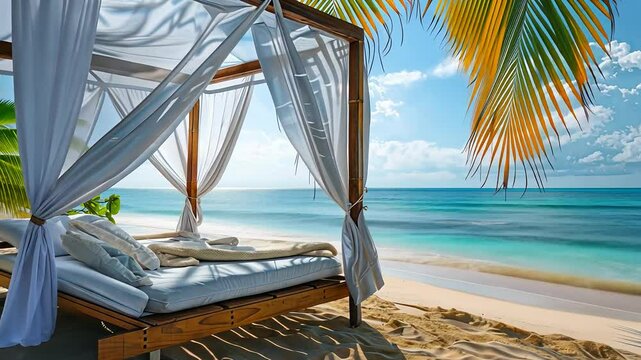 Tropical beach cabana with ocean view palm leaves