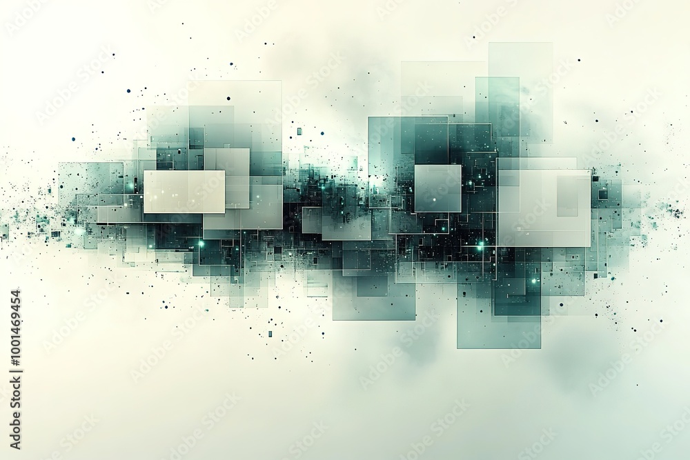 Poster a blurry image of squares and rectangles with a white background