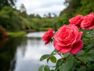 The scenic beauty of the Botanic Gardens  rose garden, with vibrant blooms and the tranquil river in the background