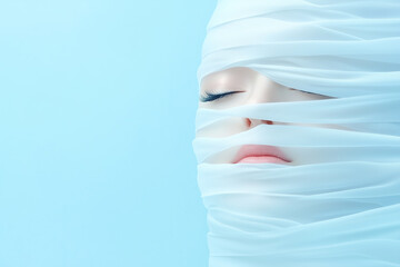 A serene figure wrapped in translucent fabric against a soft blue background