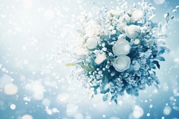 A bouquet of white flowers is displayed in a snowy landscape