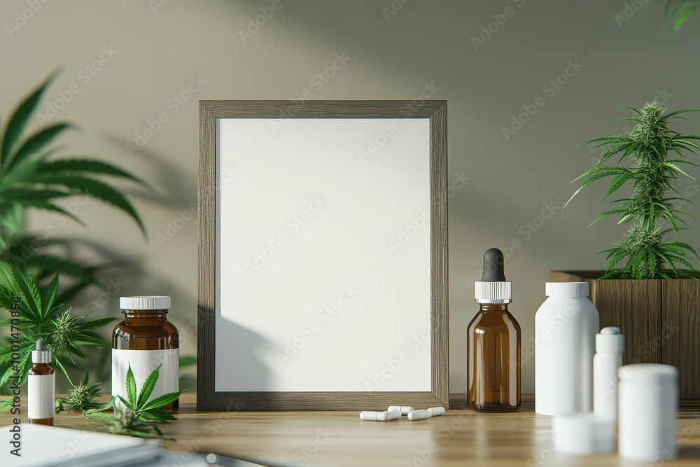 Poster a wooden frame with a white background sits on a table next to several bottles