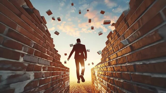Breaking barriers businessman walking exploding brick wall at sunset