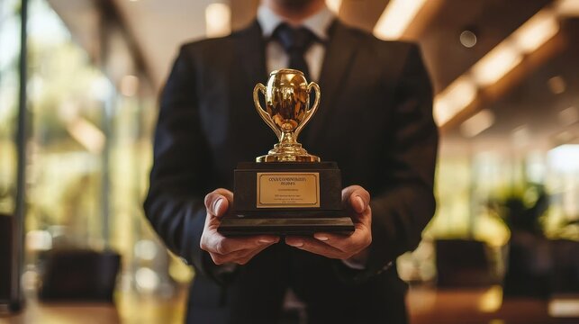 A person proudly holding an award plaque in a formal setting, with a sense of achievement and recognition.