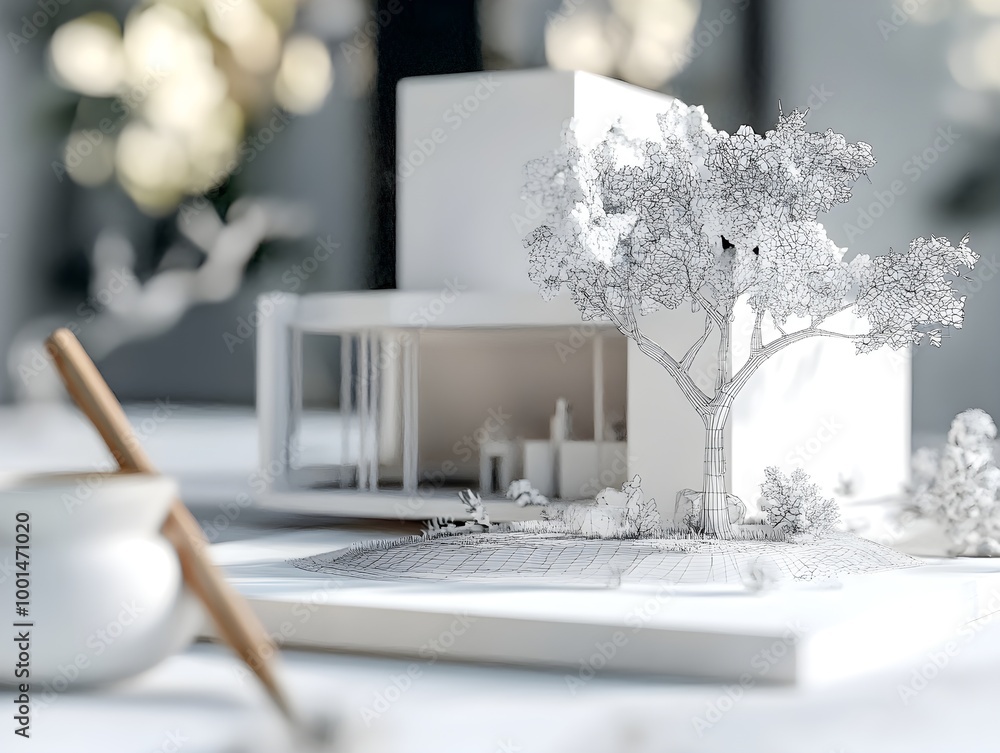 Poster Minimalist Architectural Model with Sketch of Tree