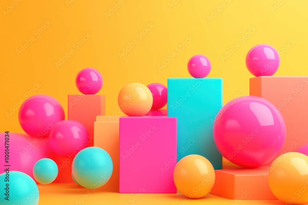 Poster a colorful display of balls and cubes on a yellow background