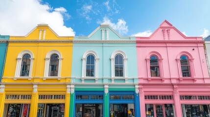 Fototapeta premium The historic buildings of New Regent Street with their colorful facades and quaint cafes, a lively area in Christchurch city