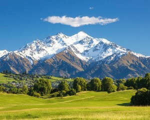 Snow-capped Southern Alps visible from Christchurch city, contrasting with the green parks and urban landscape below