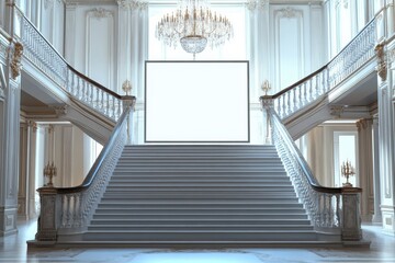 A large white staircase leads to a large white room with a white screen