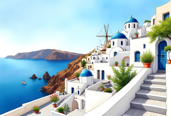 Santorini's iconic architecture features whitewashed cubic houses with vibrant blue accents, creating a stunning contrast against the island's volcanic landscape and the deep blue Aegean Sea.
