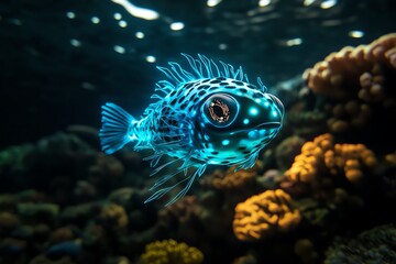 Fantasy sea creatures swimming through enchanted coral forests, their bioluminescent bodies lighting up the deep waters