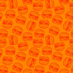 doodle burger pattern background. doodle fast food burger seamless pattern background. seamless pattern of burger in doodle style. Seamless Pattern of a Cheese Burger or Hamburger. hamburger pattern.