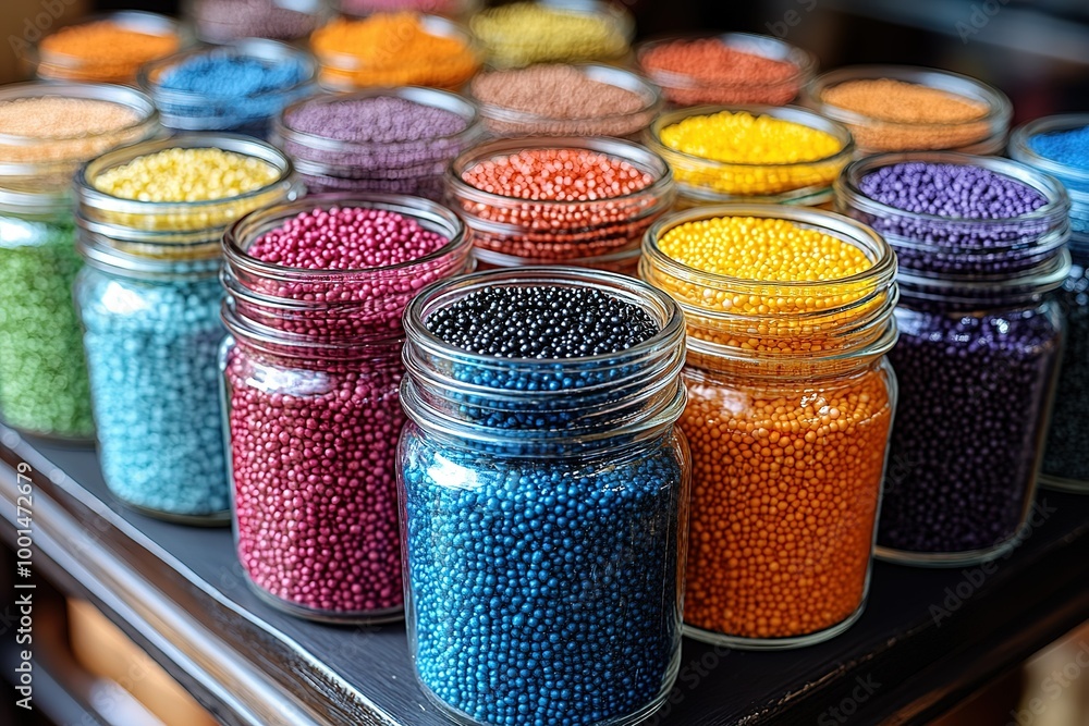 Poster a row of colorful jars filled with different colored beads