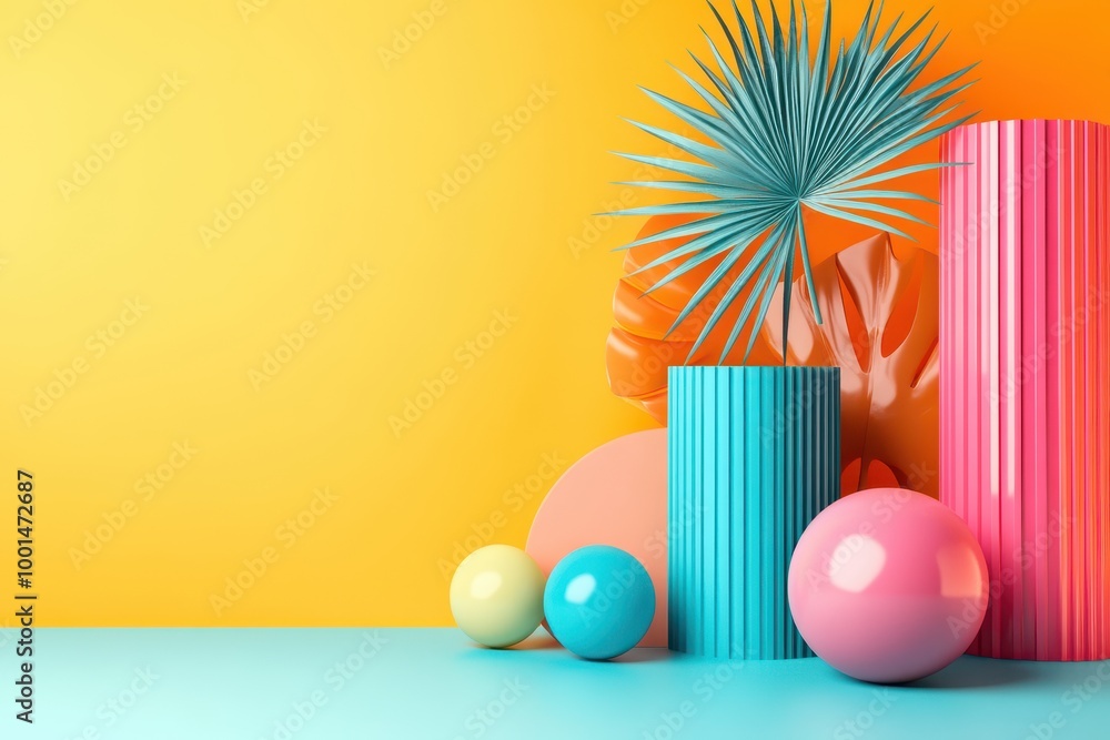 Poster a colorful display of various shapes and sizes, including balls and a palm tree