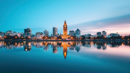 Naklejka premium Night view of the Christchurch city skyline with the Cathedral Square illuminated, reflecting the city's vibrant nightlife