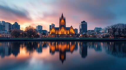 Obraz premium Night view of the Christchurch city skyline with the Cathedral Square illuminated, reflecting the city's vibrant nightlife