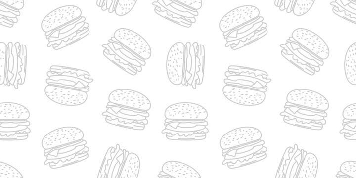 doodle burger pattern background. doodle fast food burger seamless pattern background. seamless pattern of burger in doodle style. Seamless Pattern of a Cheese Burger or Hamburger. hamburger pattern.