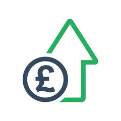 pound sterling coin and green arrow, positive economic dynamic concept, united kingdom currency increase exchange rate indicator