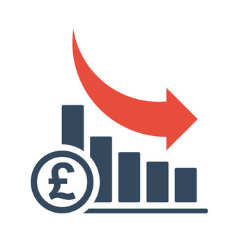 bar chart with falling exponential trend and red arrow, pound sterling negative dynamic concept, united kingdom currency positive inflation indicator
