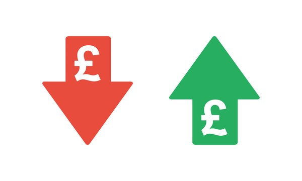 pound sterling sign with green up and red down arrows, tax or inflation indicator, price or income vector icon