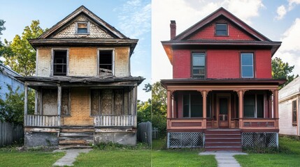 The exterior of a broken-down, abandoned home before repair, contrasted with its stunning, updated appearance after a complete renovation.