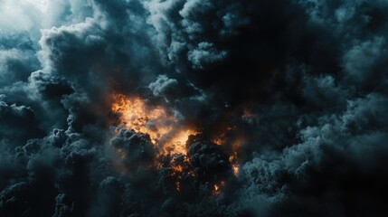 Thick black smoke billowing from a powerful explosion, filling the sky with ominous clouds, creating a sense of chaos and destruction.