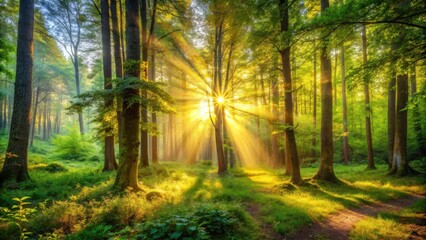 Fototapeta premium Idyllic forest bathed in golden sunlight, serene nature with lush greenery, tranquil woodland scenery, peaceful outdoor landscape, beautiful sunbeams shining through trees, scenic