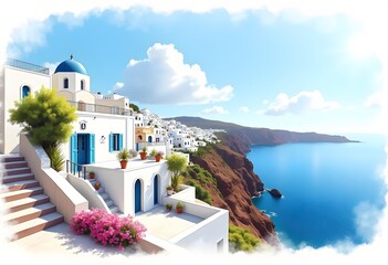 Santorini's iconic architecture features whitewashed cubic houses with vibrant blue accents, creating a stunning contrast against the island's volcanic landscape and the deep blue Aegean Sea.
