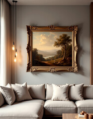 Elegant interior with antique landscape painting in stylish living room decor