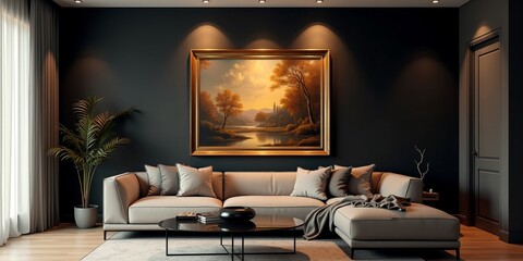 Antique picture in elegant living room setting with luxurious decor